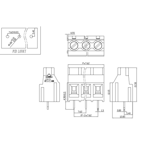 300V 30A 7,62 mm Tipo de parafuso de inclinação PCB Bloco de terminal